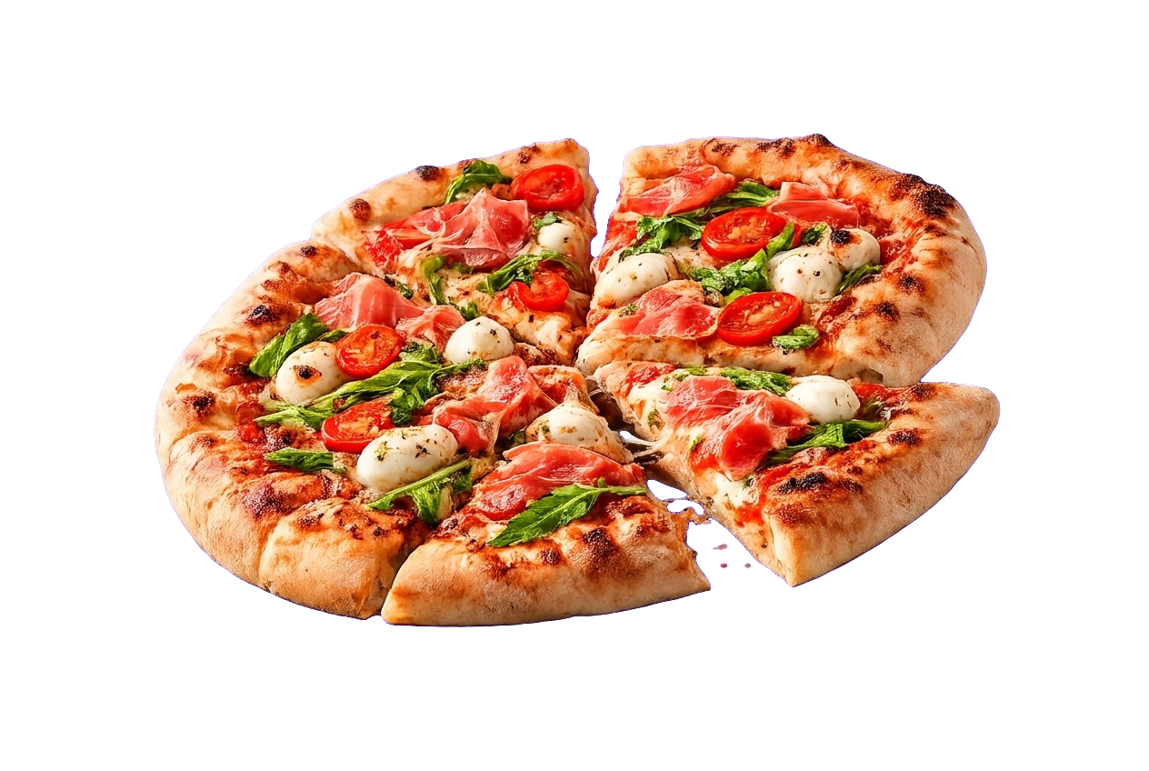 Pizza au feu de bois coupée en parts